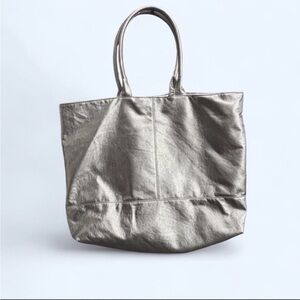Saks Fifth Avenue Metallic Silver Leather Tote. Large